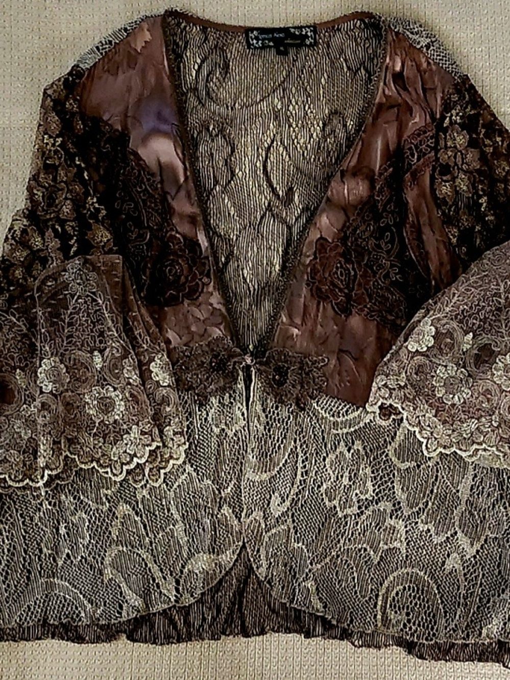 Spencer Alexis Boutique 2-piece Dress\Jacket Brown & Metallic Gold Lace, XL - Picture 4 of 16